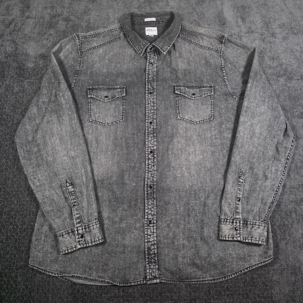 Guess Mens Gray Acid Wash Denim Long Sleeve Black Snap Shirt XXL 2XL Regular Fit
